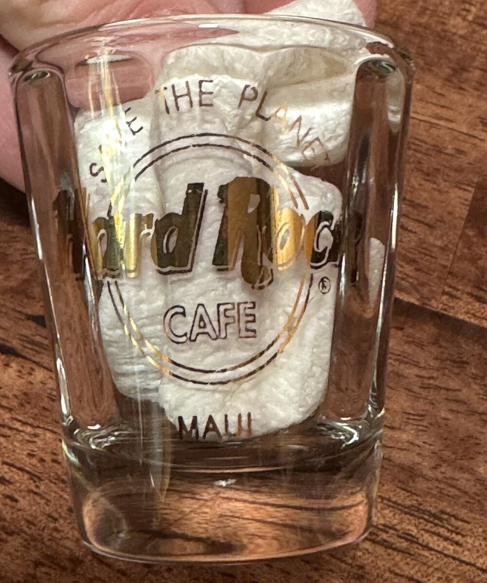 Hard Rock Cafe Maui 2.25" SHOT GLASS Save The Planet HRC "STP" Logo Gold Text